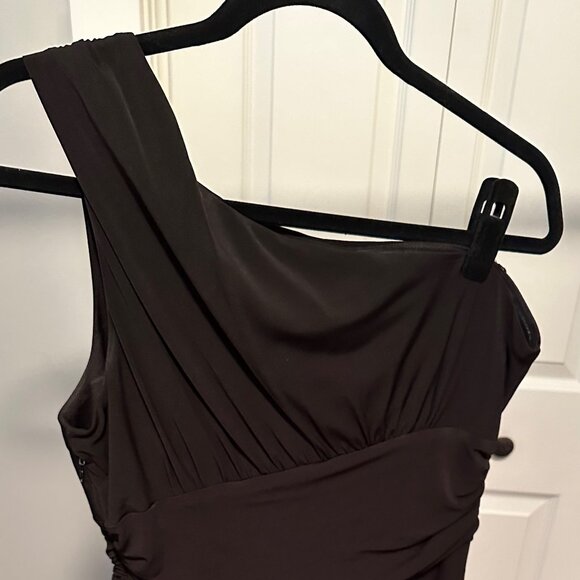 Maggie London One-Shoulder Midi Sheath Black Dress, size 16 - Picture 2 of 5